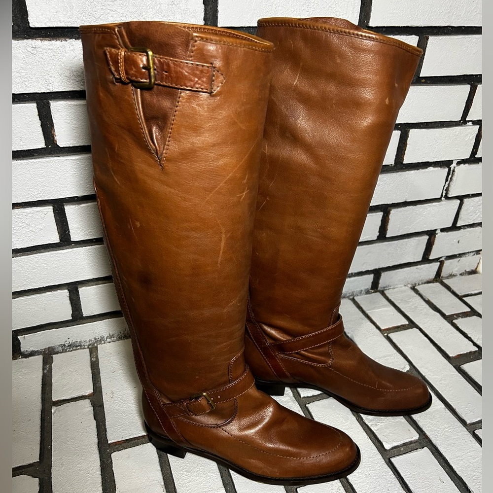 Derek Lam Brown Italian Leather Tall Riding Boots-Zipper, Gold-Women’s 40.